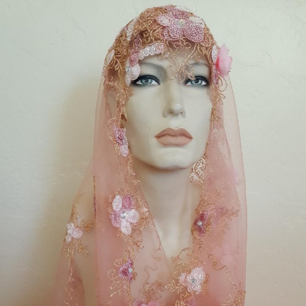 Blush Gold Lace Gatsby 20's Veil Headpiece Set - Picture 7 of 12